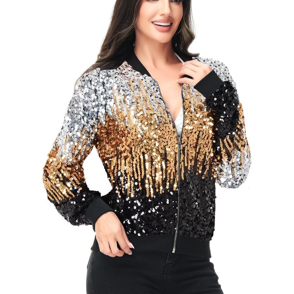 Brand New Women Z-Silver Gold Black Polyester Sequin Long Sleeve Front Zip - Picture 2 of 6